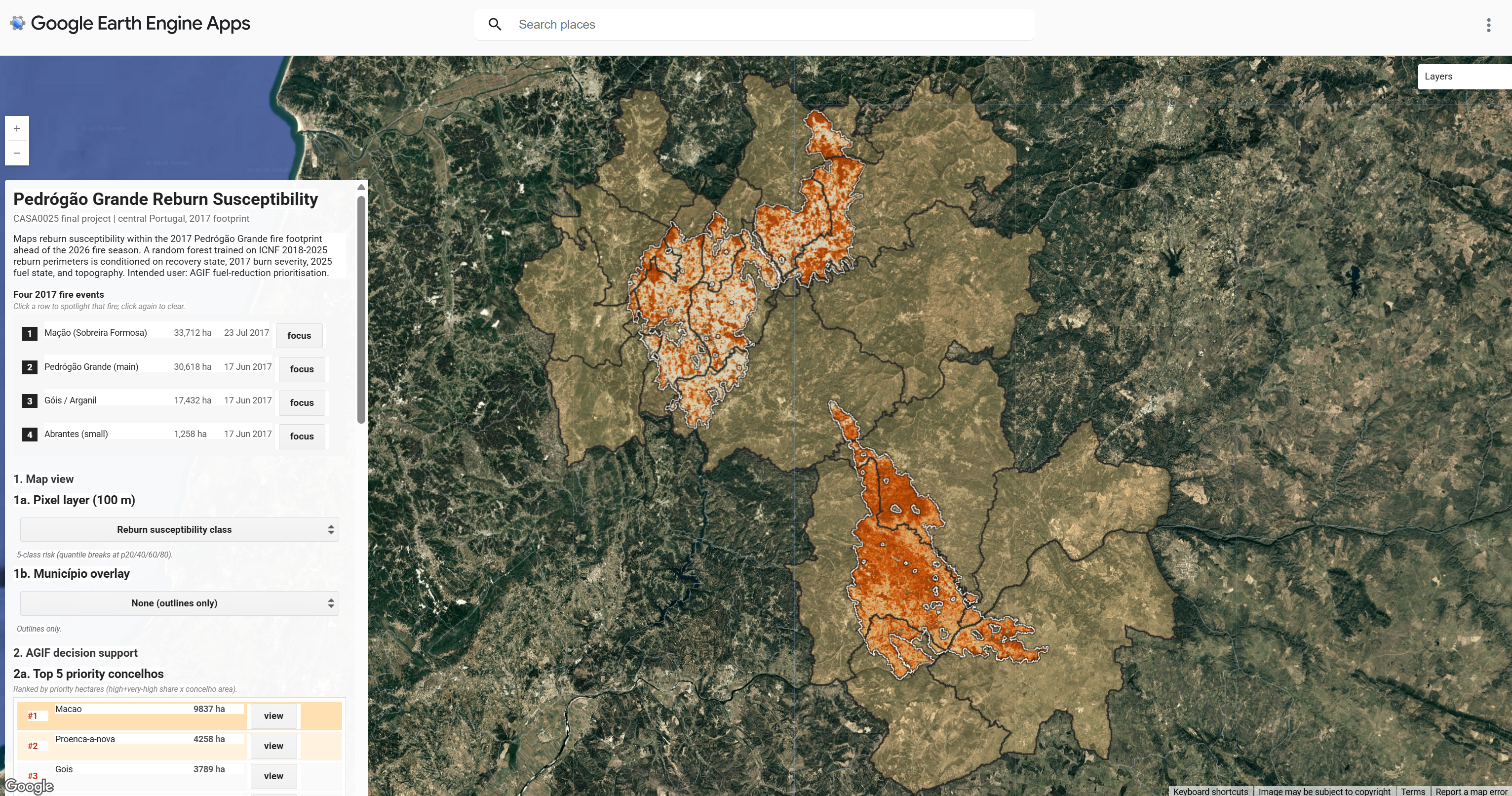 Default view of the deployed Earth Engine application showing the warm-orange 5-class reburn susceptibility surface across the four 2017 fire polygons in central Portugal, with the sidebar header, four ranked fire focus buttons, and map-view dropdowns visible on the left.