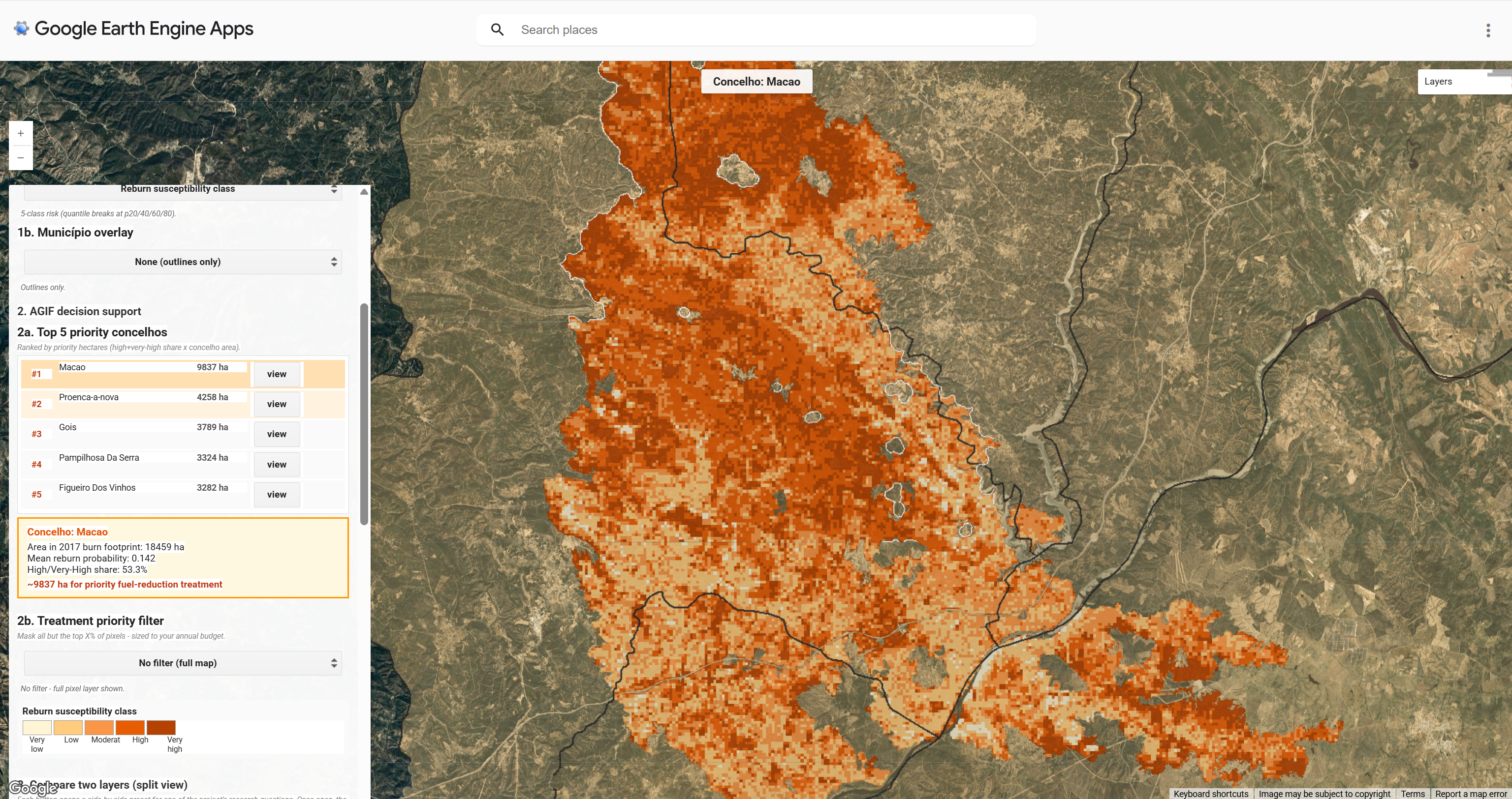 Top five priority concelhos ranked by priority hectares (Macao 9837 ha, Proenca-a-nova 4258 ha, Gois 3789 ha, Pampilhosa Da Serra 3324 ha, Figueiro Dos Vinhos 3282 ha) with the Macao summary card expanded showing area 18,459 ha, mean reburn probability 0.142, high/very-high share 53.3%, and ~9837 ha recommended for priority fuel-reduction treatment.