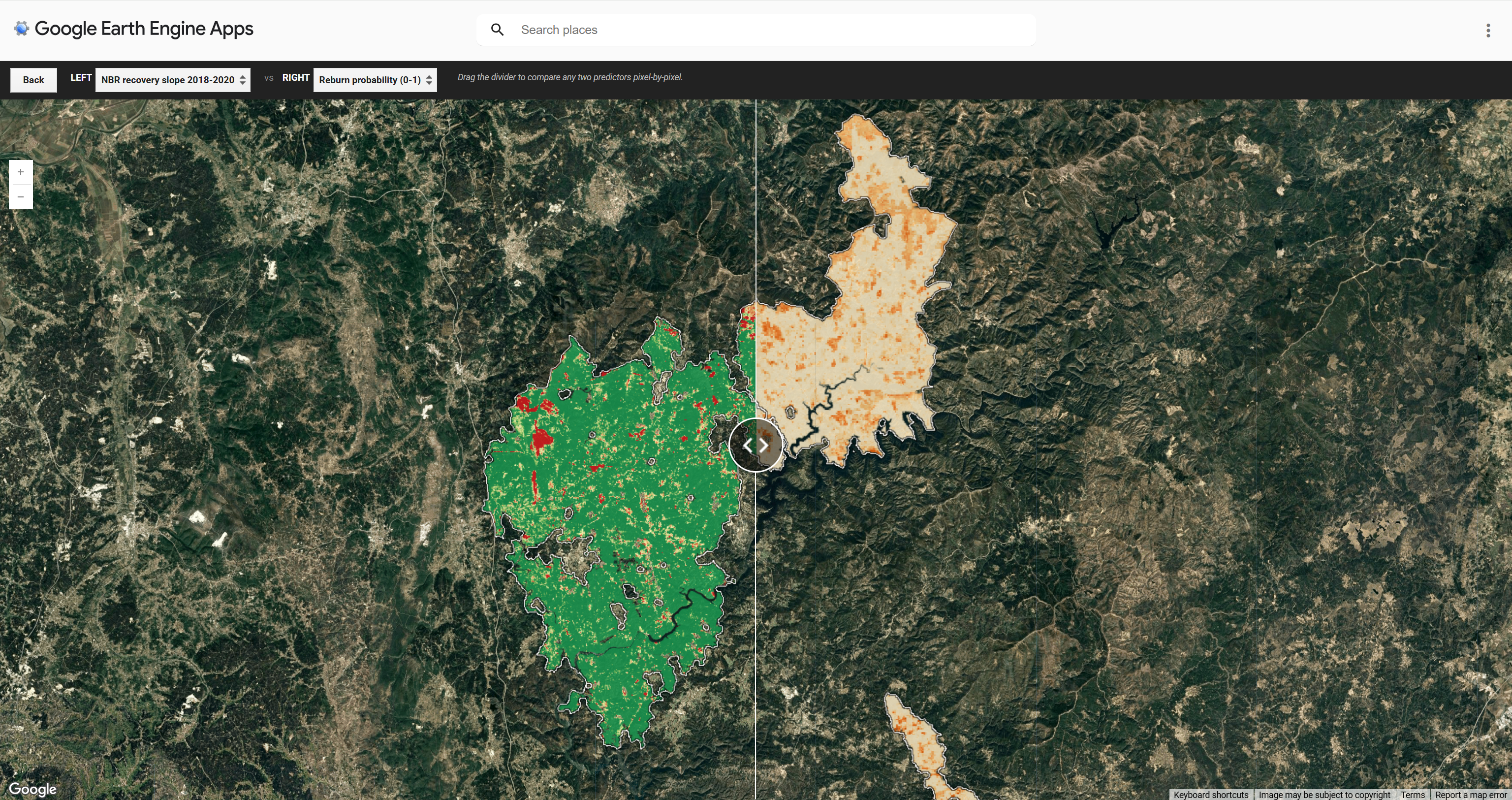 Synchronised split view with NBR recovery slope 2018-2020 on the left half (mostly green inside the Pedrógão Grande polygon, scattered red patches indicating poorly recovered vegetation) and reburn probability on the right half (warm orange palette), separated by a draggable wipe divider.