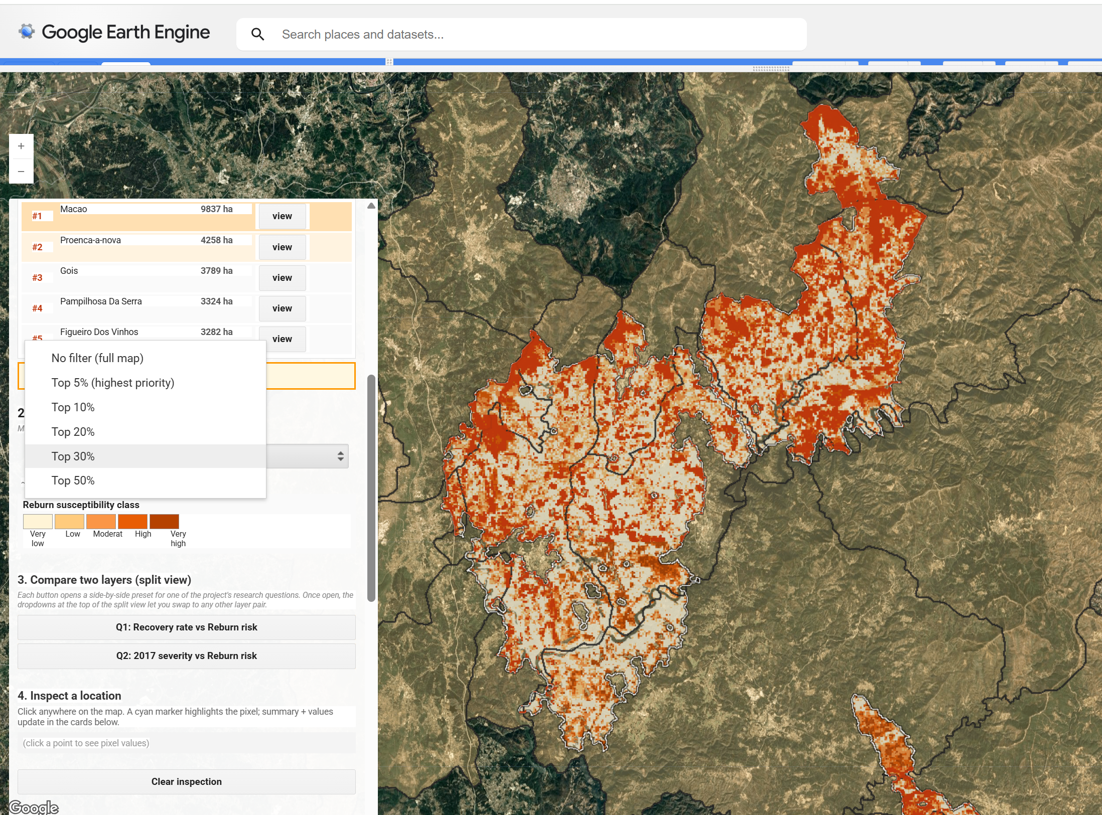 The treatment-priority filter dropdown expanded with options No filter, Top 5%, Top 10%, Top 20%, Top 30%, Top 50%; the map behind shows reburn probability masked to the highest-risk pixels in red across the four 2017 fire polygons.